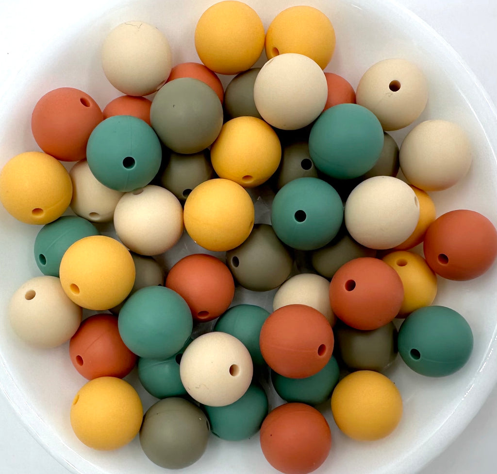 Western Boho Silicone Bead Mix-- Beige, Sage Gray, Golden Yellow, Ginger, Eucalyptus