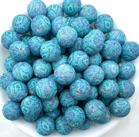 Blue Western Aztec Print Silicone Beads