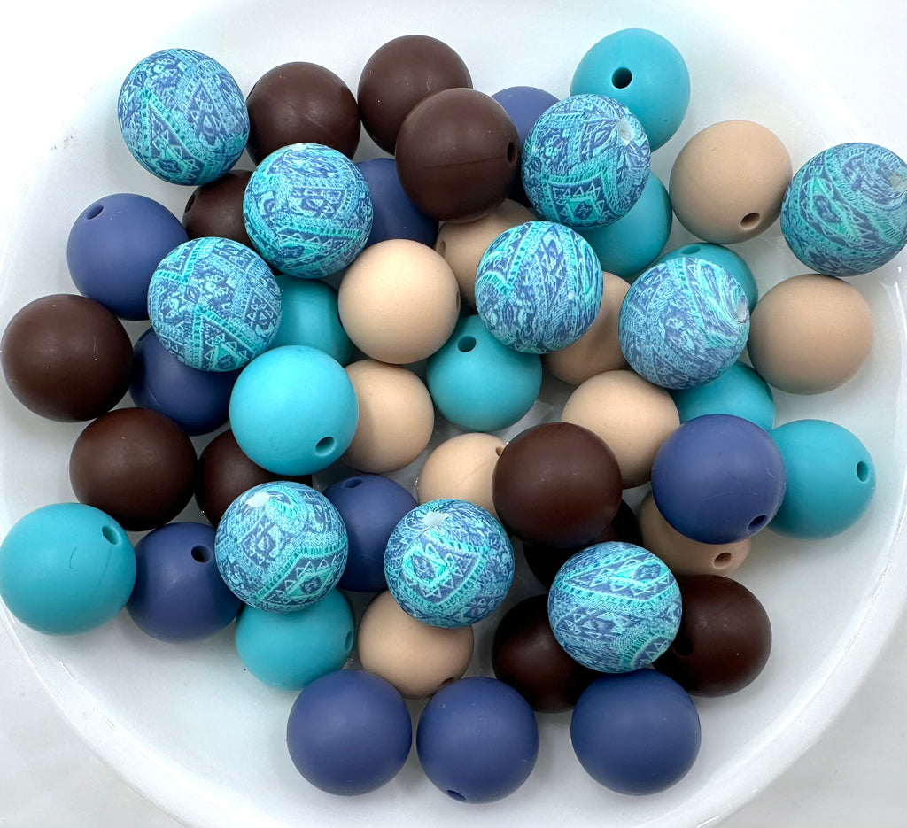 Blue Western Aztec Silicone Bead Mix--Denim Blue, Island Blue, Brown, Oatmeal