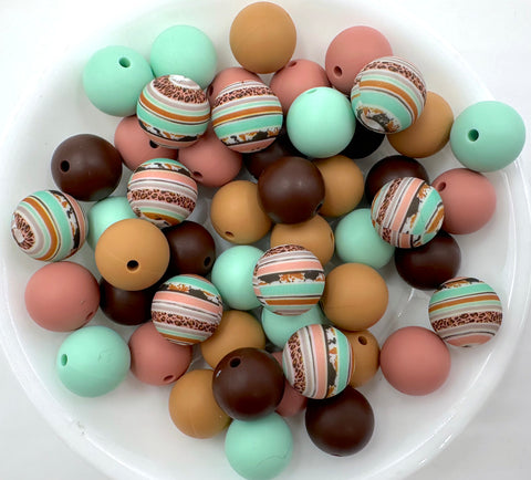 Pink & Mint Western Striped Aztec  Silicone Bead Mix--Rose, Mint, Brown, Toasted Coconut