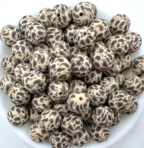 Beige Western Print Silicone Beads--15mm