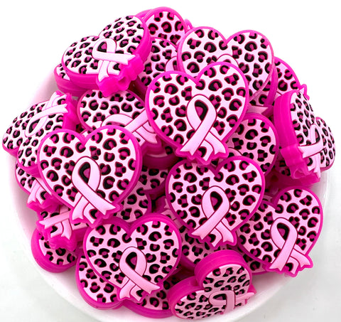 Leopard Heart Pink Ribbon Breast Cancer Awareness Silicone Beads