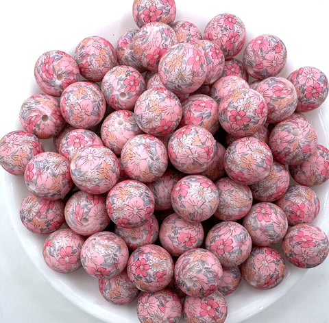 Pink Wildflowers Print Silicone Beads--15mm