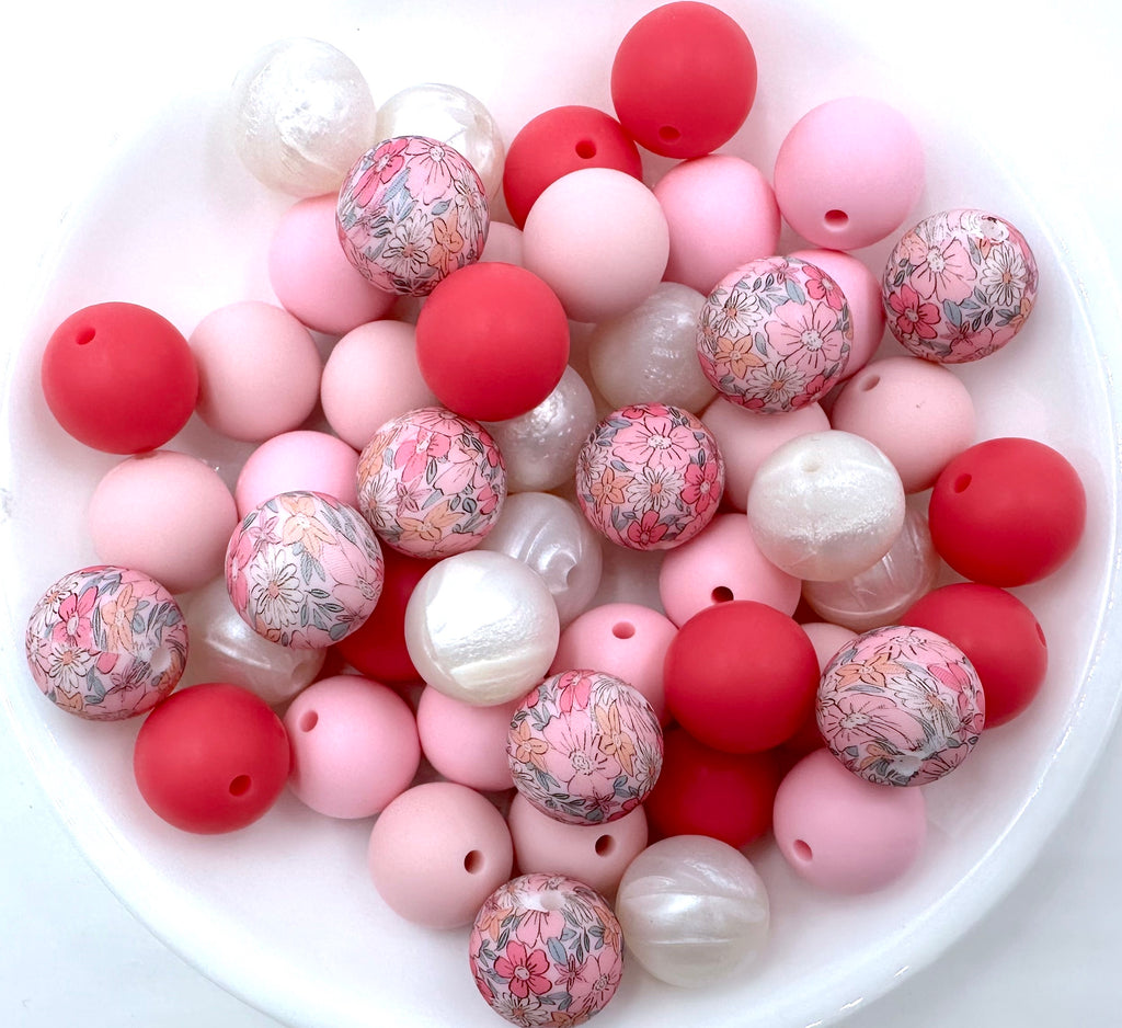 Pink Wildflower Silicone Bead Mix--Powder Pink, Light Hot Pink, Baby Pink, Metallic White