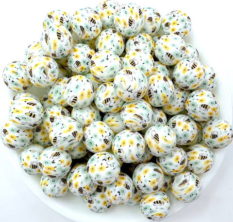 Bee & Flower Print Silicone Beads--15mm