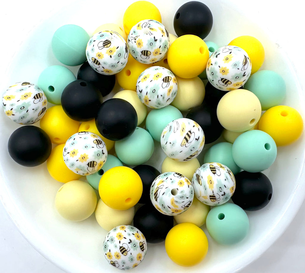 Bee & Flowers Silicone Bead Mix--Butter Yellow, Mint, Yellow, Black