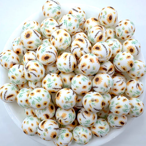 Summer Sunflower Print Silicone Beads--15mm