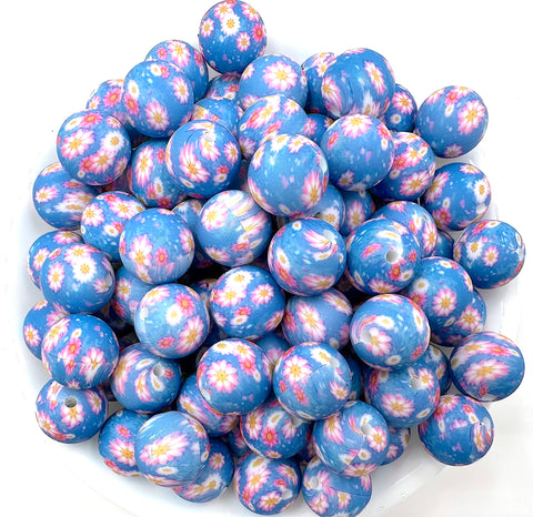 Blue Daisy Print Silicone Beads--15mm