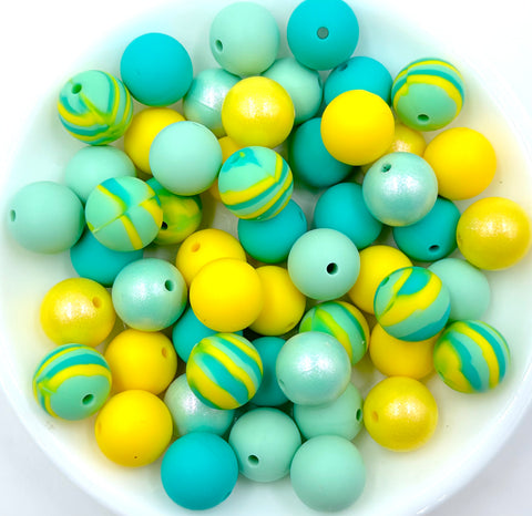 Green Swirl Silicone Bead Mix--Mint, Yellow, Turquoise, Opal Yellow, Opal Mint