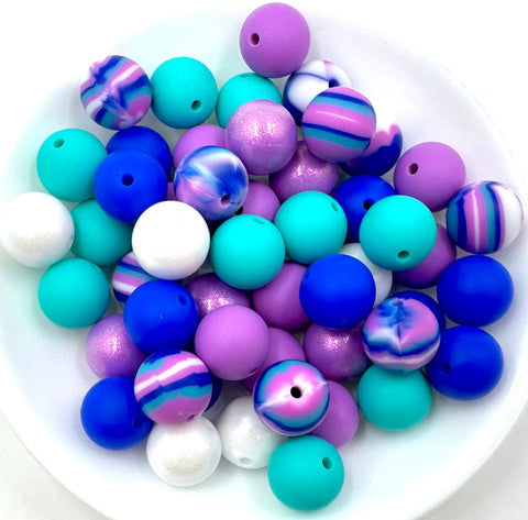 Purple Swirl Silicone Bead Mix--Turquoise, Royal Blue, Lavender Purple, Opal White, Opal Purple