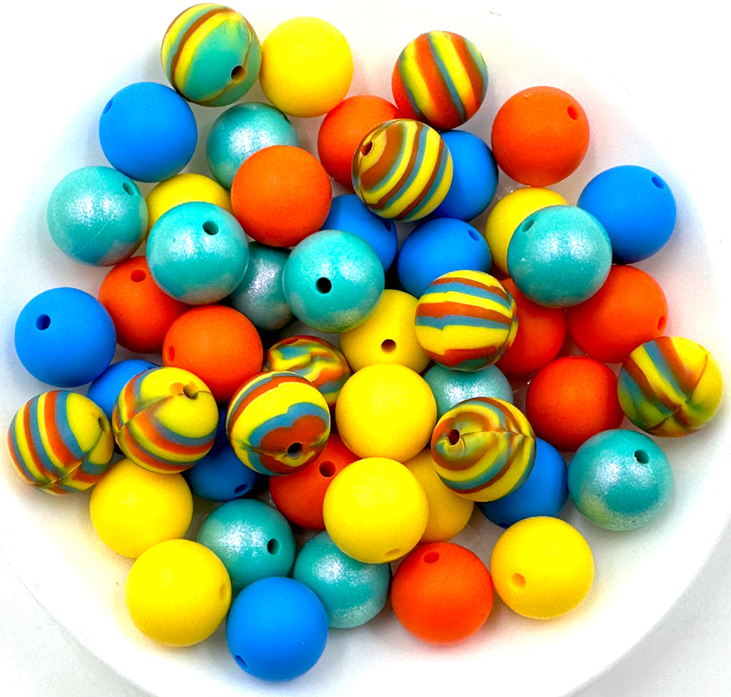 Yellow Swirl Silicone Bead Mix, Sky Blue, Yellow, Orange, Opal Turquoise