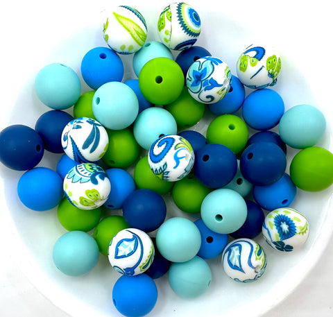 Blue & Green Flower Silicone Bead Mix--Sapphire, Sky Blue, Cool Caribbean, Green