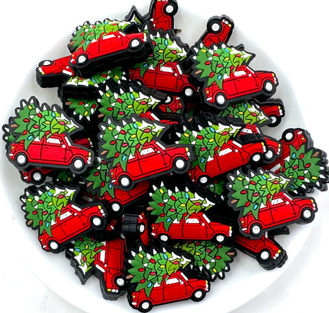 Christmas Tree Truck Silicone Focal Beads--Red