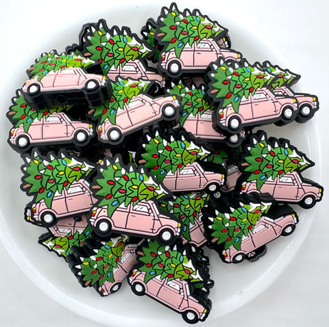 Christmas Tree Truck Silicone Focal Beads--Pink