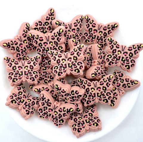 Leopard Butterfly Silicone Focal Beads--Pink