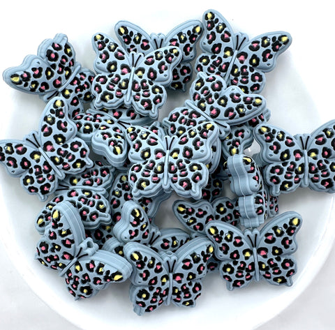 Leopard Butterfly Silicone Focal Beads--Blue