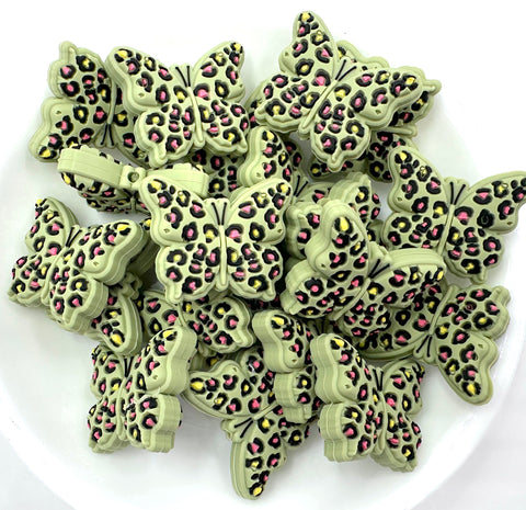 Leopard Butterfly Silicone Focal Beads--Green