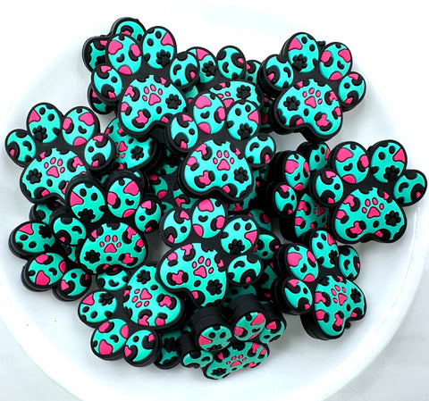 Paw Print Silicone Focal Beads--Turquoise & Pink