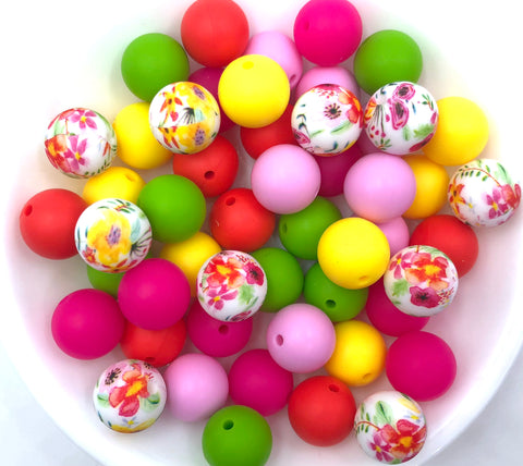 Summer Wild Flower Silicone Bead Mix--Light Pink, Coral Red,  Yellow, Green Fuchsia