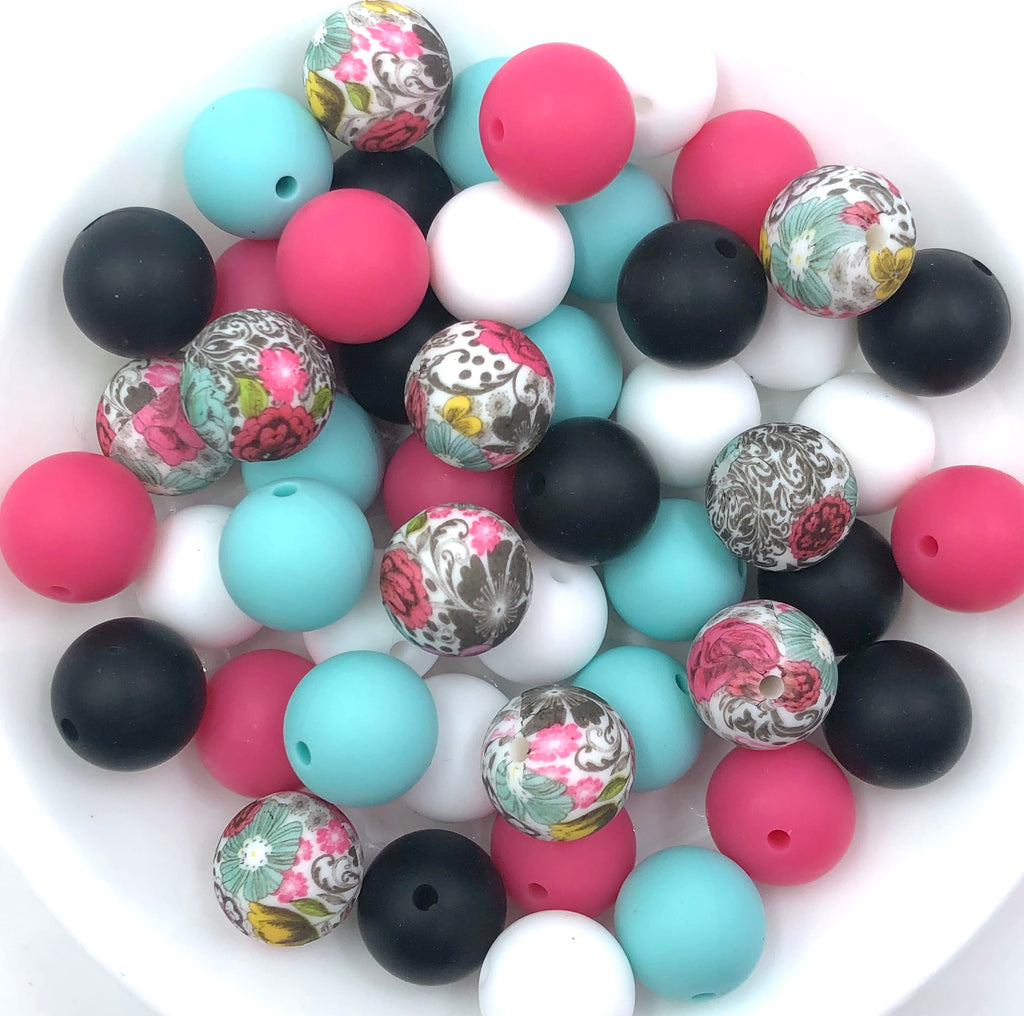Black & Pink Flower Silicone Bead Mix--White, Cool Carribean, Light Hot Pink, Black