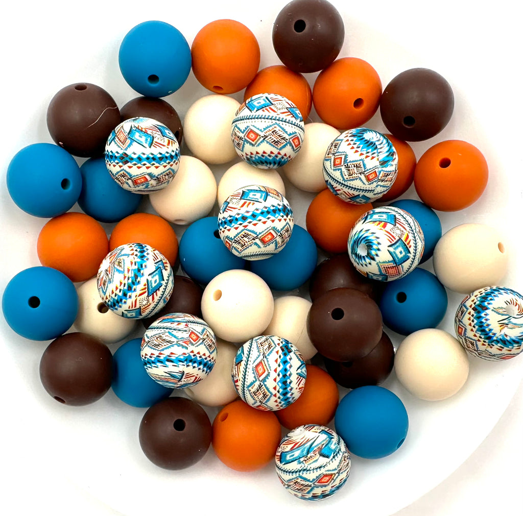 Western Teal & Orange Silicone Bead Mix--Beige, Brown, Pumpkin, Teal Blue