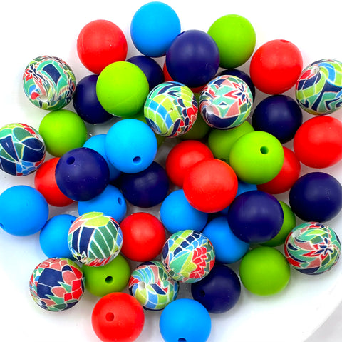 Jungle Print Silicone Bead Mix--Strawberry Red, Green Sky Blue, Navy Blue