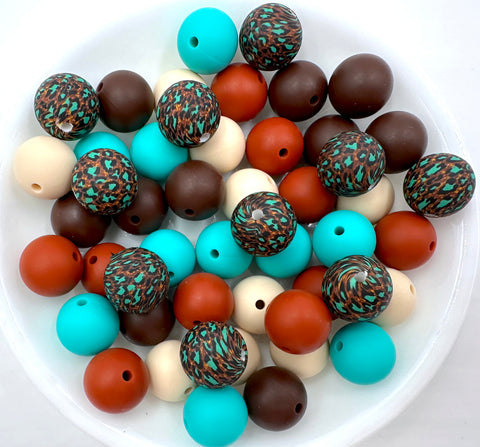 Western Leopard Silicone Bead Mix--Beige, Brown, Turquoise, Rust