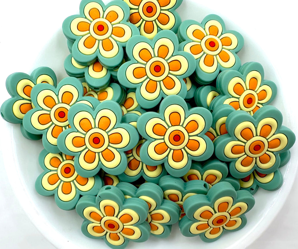 Retro Flower Silicone Focal Beads--Green