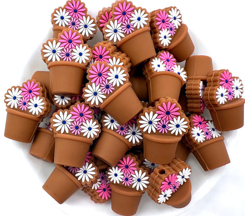 3D Flower Pot with Pink & White Daisies Silicone Focal Beads--Light Brown