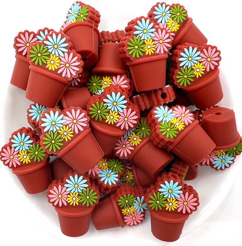 3D Flower Pot with Colorful Daisies Silicone Focal Beads--Terracotta