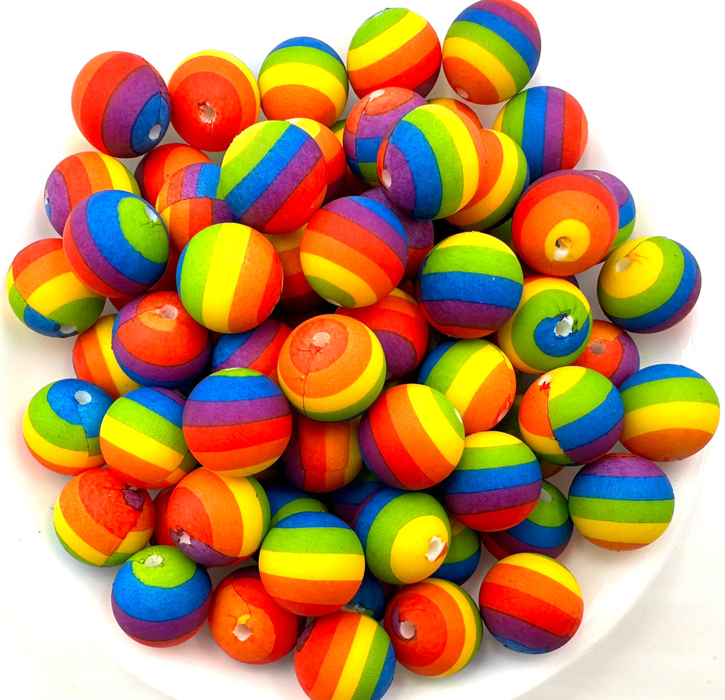 Rainbow Striped Print Silicone Beads--15mm