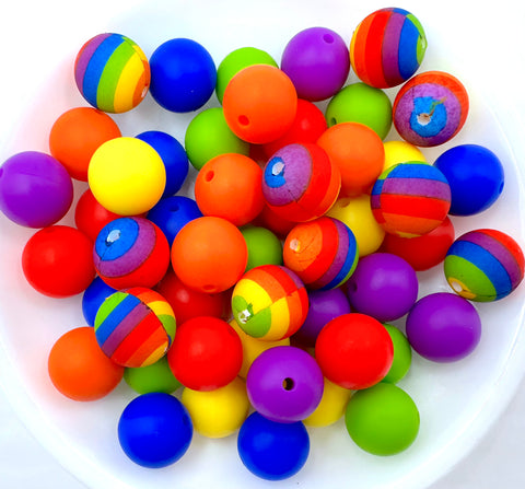 Rainbow Striped Silicone Bead Mix--Strawberry, Orange, Yellow, Green, Royal Blue, Royal Purple