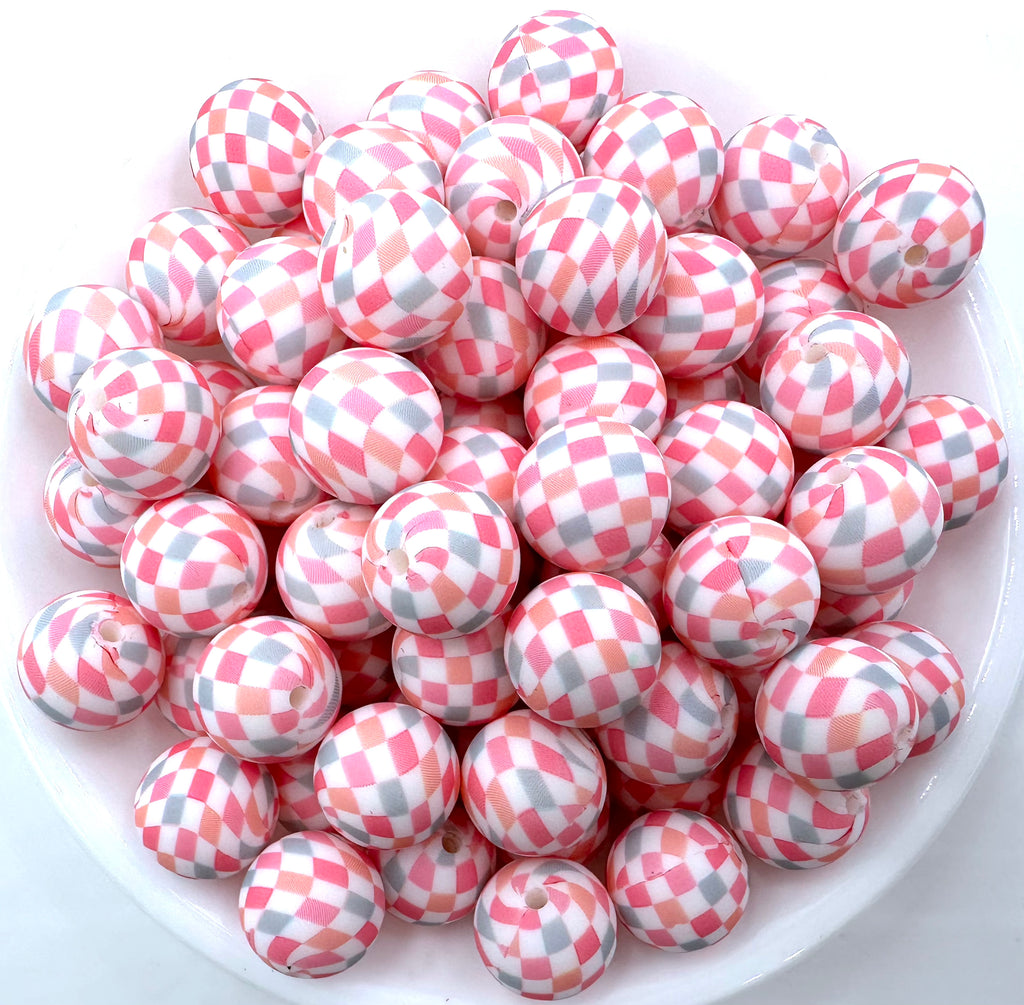 Pink Boho Checkered Print Silicone Beads--15mm