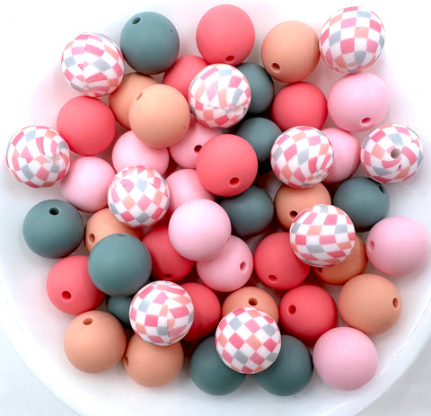 Pink Boho Checkered Silicone Bead Mix--Peach Sorbet, Baby Pink, Perfectly Pink, Beach Blue