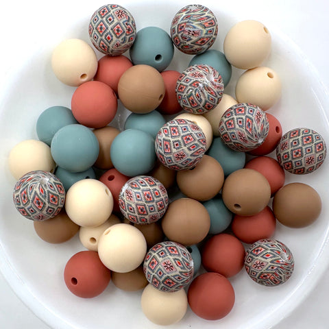 Western Boho Silicone Bead Mix--Beige, Latte, Beach Blue, Maroon