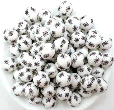 White Spider Web Print Silicone Beads--15mm