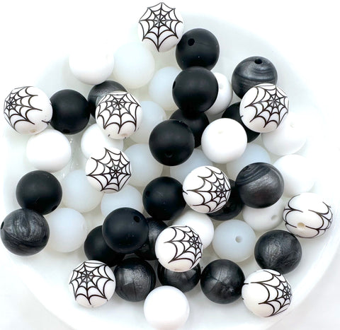 BIG Spider Web Halloween Silicone Bead Mix--White, Black, Clear, Metallic Black