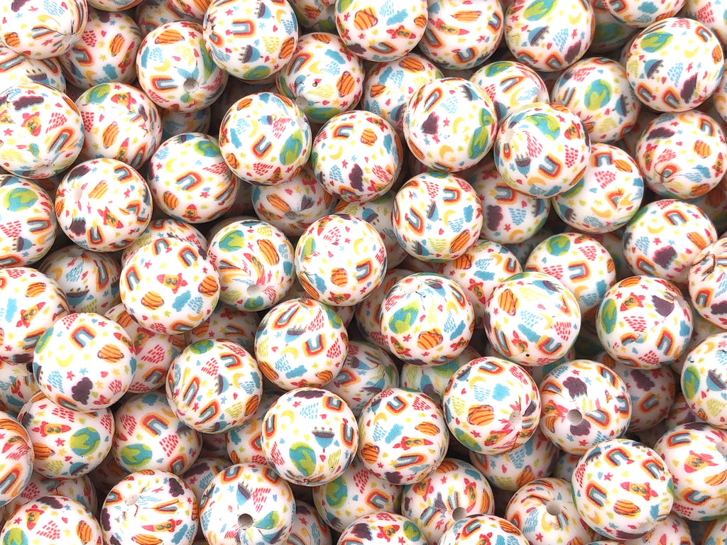 White Outer Space Print Silicone Beads--15mm