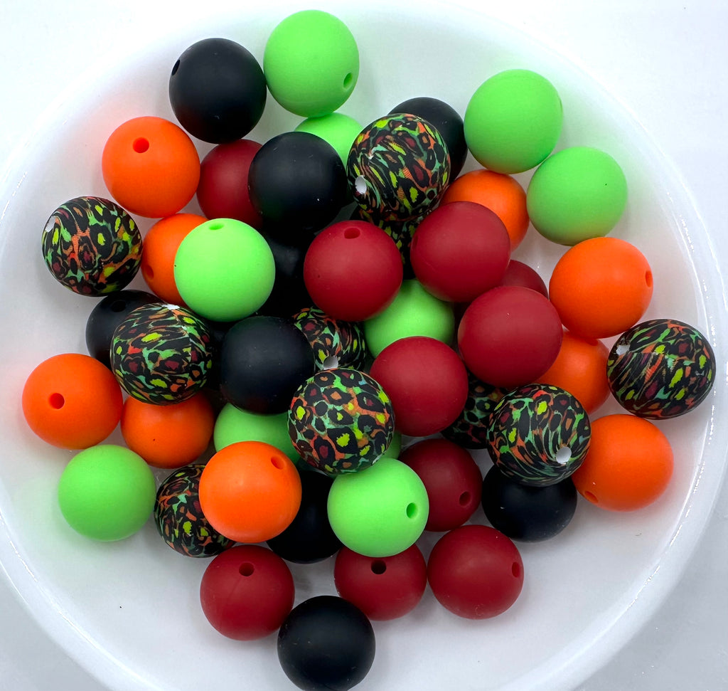 Fall Leopard Silicone Bead Mix--Key Lime, Cranberry, Orange, Black