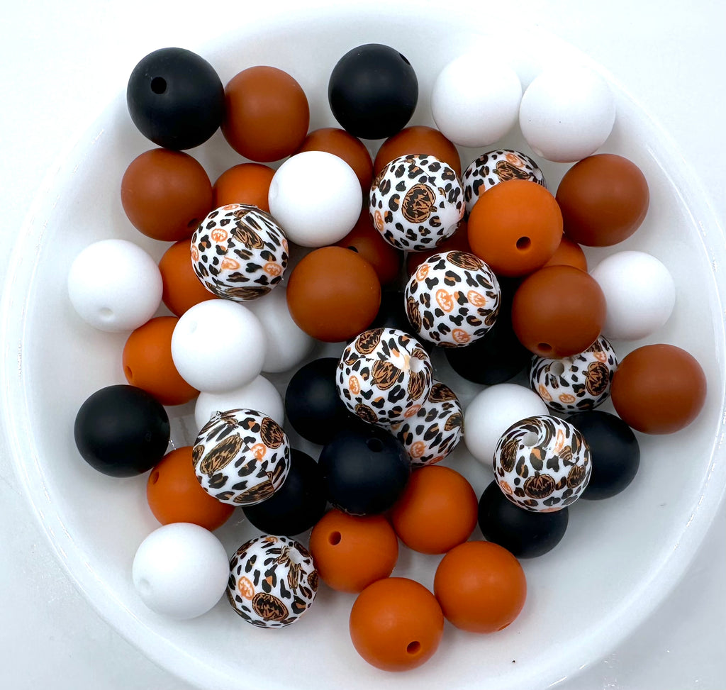 Leopard Pumpkin Halloween Silicone Bead Mix--White, Pumpkin, Black, Spice Brown