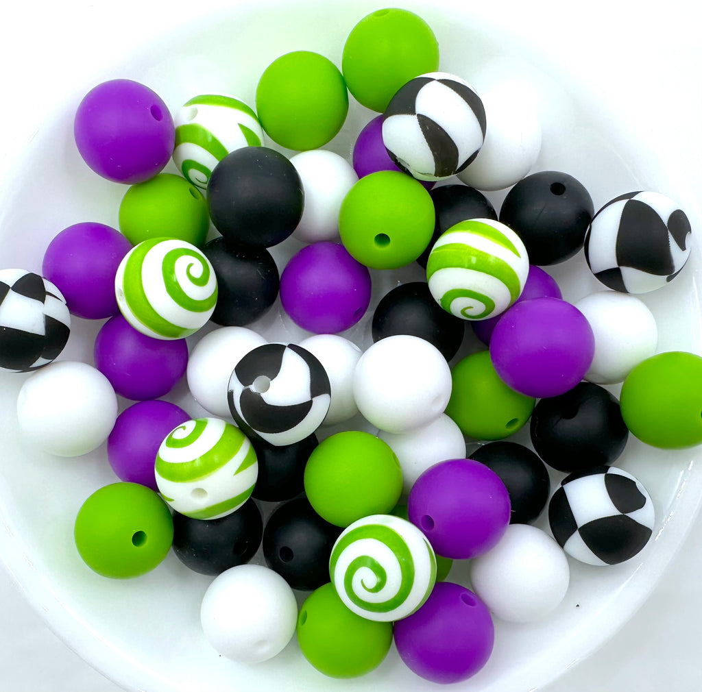 Halloween Silicone Bead Mix--White, Black, Green, Royal Purple, Green Swirl, Black Checkered