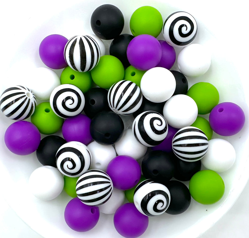 Halloween Silicone Bead Mix--White, Black, Green, Royal Purple, Black Swirl & Striped