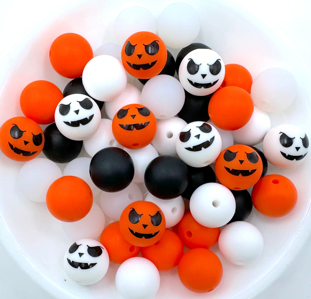 Halloween Pumpkin Silicone Bead Mix--White, Black, Orange, Clear