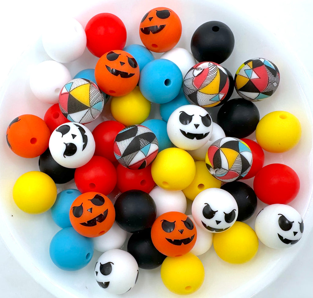 Mosaic & Pumpkin Silicone Bead Mix--Yellow, Strawberry Red, Island Blue, Black & White