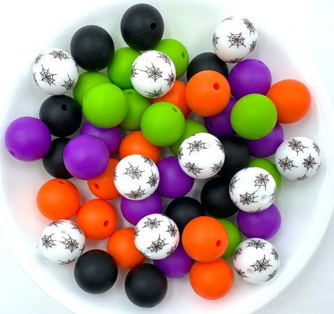 White Spider Web Halloween Silicone Bead Mix--White, Black, Orange, Green, Royal Purple