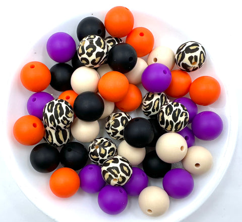 Leopard Halloween Silicone Bead Mix--Beige, Black, Orange, Royal Purple