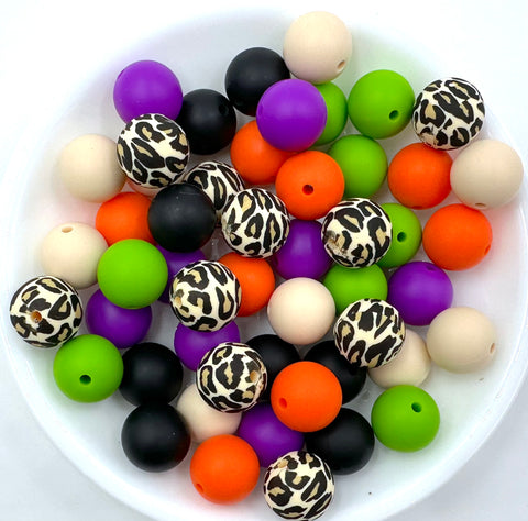 Leopard Halloween Silicone Bead Mix--Green, Orange, Royal Purple, Beige, Black