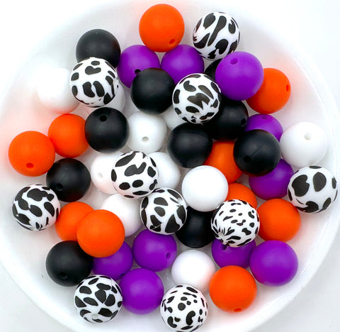 Halloween Cow Silicone Bead Mix-- Orange, Royal Purple, White, Black