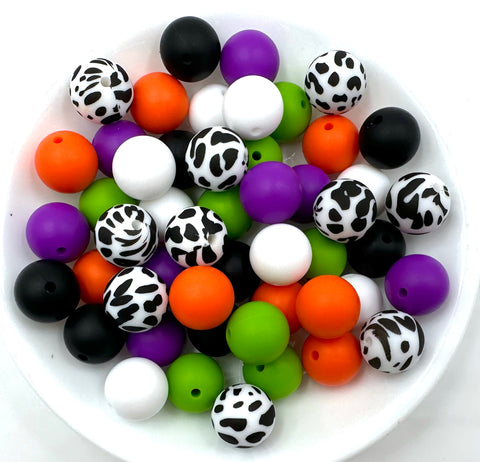 Halloween Cow Silicone Bead Mix--Green, Orange, Royal Purple, White, Black