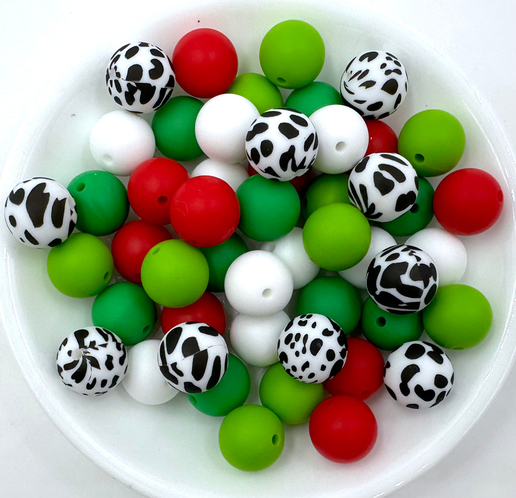 Shades of Red & Green Christmas Cow Silicone Bead Mix--Red, Kelly Green, White, Green